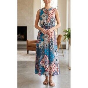 Charles Henry Blue Red Paisley Patchwork Boho Sleeveless Midi Dress S Summer USA